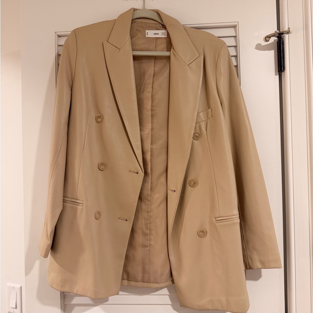 Mango Cream Faux Leather Double-Breasted Blazer